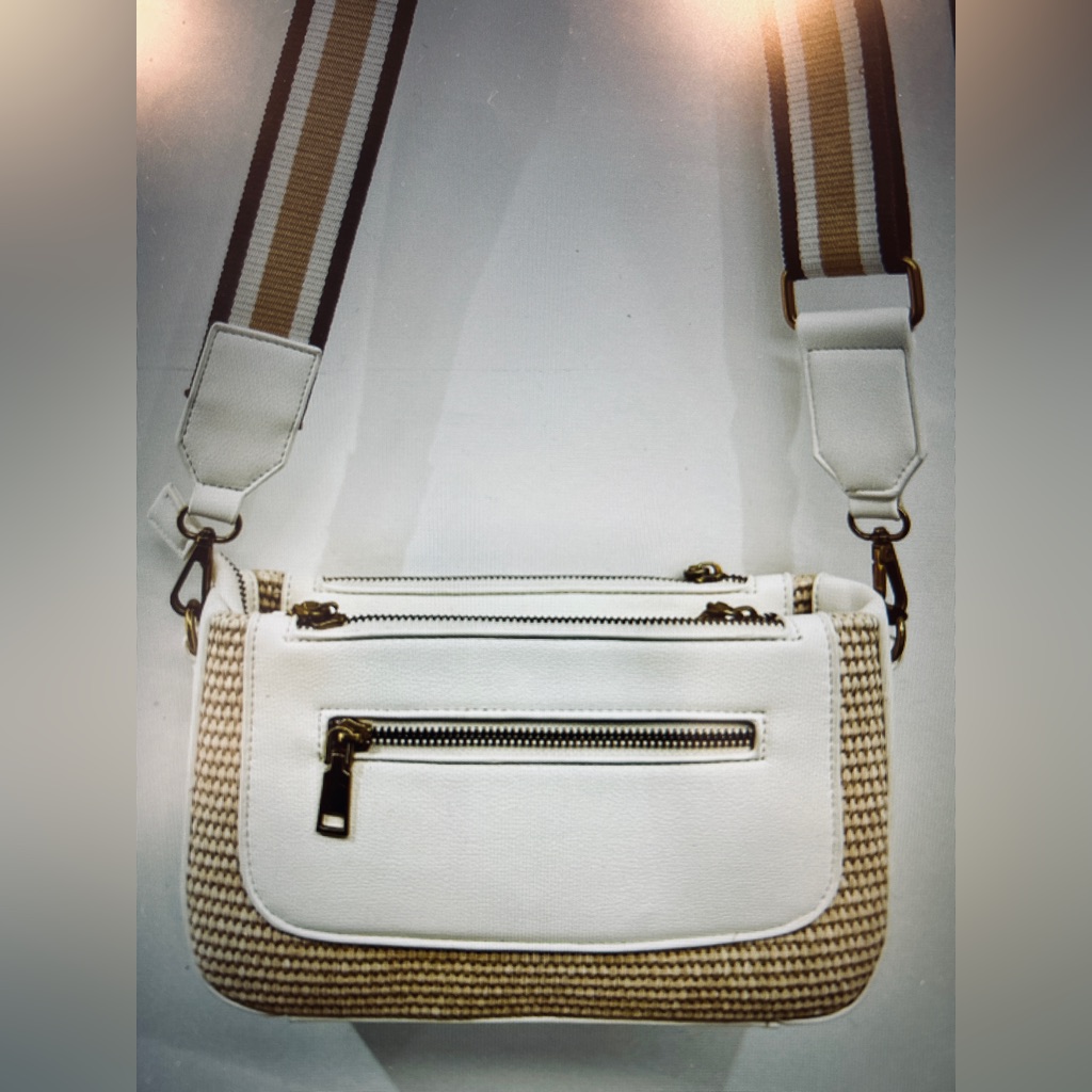 Woven Straw Crossbody Bag White Vegan Leather Multi Zip Guitar Strap Camera Bag